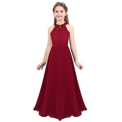 winying Mädchen Elegant Kleid Spitzenkleid Neckholder Maxi Abendkleider Lange Cocktailkleider Hochzeitskleider Brautjungfernkleid Gr.104-164 Burgundy 164 von winying