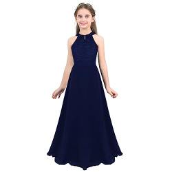 winying Mädchen Elegant Kleid Spitzenkleid Neckholder Maxi Abendkleider Lange Cocktailkleider Hochzeitskleider Brautjungfernkleid Gr.104-164 Navy Blau 152 von winying