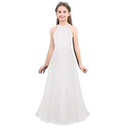 winying Mädchen Elegant Kleid Spitzenkleid Neckholder Maxi Abendkleider Lange Cocktailkleider Hochzeitskleider Brautjungfernkleid Gr.104-164 Weiß 146-152 von winying