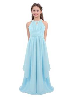 winying Mädchen Lange Kleider Festlich Sommer Pailletten Neckholder Partykleid Bodenlang Maxi Brautjungfernkleid Abendkleider Hellblau 134-140 von winying