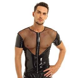 winying Männer Lack Leder Tank Tops Unterhemd Wetlook Shirts Kurze Mesh Ärmel Rollkragen Oberteile Nachtclub Bar Outfits Schwarz J XXL von winying