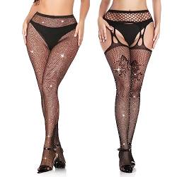 2 PCS Glitzer Strumpfhose Damen, Diamanten Netzstrümpfe Funkelnde Strumpfhosen Fishnet Stockings Hohe Taille Frauen Fischnetz Geöffneter Mesh Strumpfhose Netzstrumpfhose Schwarz High Waist (#3) von wlertcop