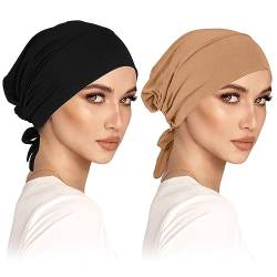 2 Pack Turban Damen Frauen Undercap Hijab Cap Unterschal Hijab klassische Slouch Beanie Mütze Islamische Muslimische mit Tie Back Hijab Mütze Kopfbedeckung Chemo Kopftuch Schlafmütze (Schwarz+Kamel) von wlertcop