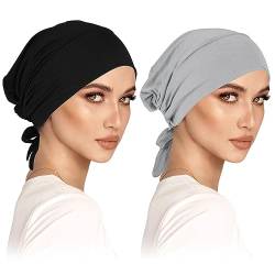 2 Pack Turban Damen Frauen Undercap Hijab Cap Unterschal Hijab klassische Slouch Beanie Mütze Islamische Muslimische mit Tie Back Hijab Mütze Kopfbedeckung Chemo Kopftuch Schlafmütze Schwarz+Hellgrau von wlertcop