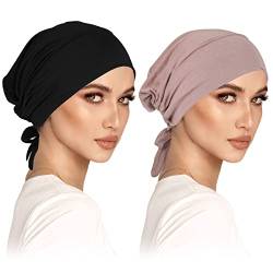 2er Pack Kopftuch Damen Hijab Undercap Hijab Cap Hijab Kopftuch Klassische Slouch Beanie Mütze Islamische Muslimische mit Tie Back Solid Color Hijab Mütze Kopfbedeckung Chemo Kopftuch Schlafmütze von wlertcop