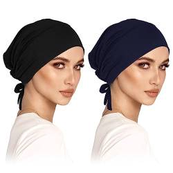 2er Pack Kopftuch Damen Hijab Undercap Hijab Cap Hijab Kopftuch Klassische Slouch Beanie Mütze Islamische Muslimische mit Tie Back Solid Color Hijab Mütze Kopfbedeckung Chemo Kopftuch Schlafmütze von wlertcop