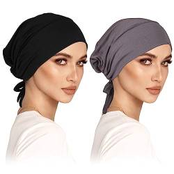 2er Pack Turban Damen Frauen Undercap Hijab Cap Unterschal Hijab Klassische Slouch Beanie Mütze Islamische Muslimische mit Tie Back Solid Color Hijab Mütze Kopfbedeckung Chemo Kopftuch Schlafmütze von wlertcop