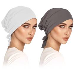 2er Turban Damen Frauen Undercap Hijab Cap Unterschal Hijab Klassische Slouch Beanie Mütze Islamische Muslimische mit Tie Back Solid Color Hijab Mütze Kopfbedeckung Kopftuch (Weiß, Dunkelgrau) von wlertcop