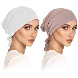 2er Turban Damen Frauen Undercap Hijab Cap Unterschal Hijab Klassische Slouch Beanie Mütze Islamische Muslimische mit Tie Back Solid Color Hijab Mütze Kopfbedeckung Kopftuch (Weiß, Helles Khaki) von wlertcop