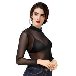 Damen Netz Oberteil Transparentes Shirt Sexy Damen Schwarz Langen Ärmeln Durchsichtiges Damen Langarm Shirt Leichtes Transparent Tüll Mesh T-Shirt Sheer Mesh Bluse Tunika Casual (M) von wlertcop