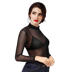 Damen Netz Oberteil Transparentes Shirt Sexy Damen Schwarz Langen Ärmeln Durchsichtiges Damen Langarm Shirt Leichtes Transparent Tüll Mesh T-Shirt Sheer Mesh Bluse Tunika Casual Clubwear Party (L) von wlertcop