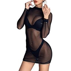 Mesh Kleid für Frauen Sexy Damen Schwarz Kleid Minirock mit Langen Ärmeln Durchsichtiges Damen Langarm Shirt Leichtes Transparent Tüll Mesh Bluse Halbtransparentes Schwarz Strandrock von wlertcop