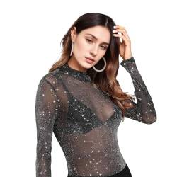 Mesh Oberteil Damen Netz Top mit Sterne Festival Outfit Techno Party Transparent Netzoberteil Sexy Rave Durchsichtig Langarm Bluse (DE/NL/SE/PL, Alphanumerisch, M, Regular, Regular, Schwarz) von wlertcop