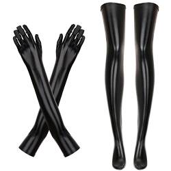 wlertcop Damen Kostüm Set Sexy Schwarz Elastisch Spandex Glänzend Lange Handschuhe und Schwarz Oberschenkelhohe Strümpfe Lange Lackleder Handschuhe für Weihnachten Party Kostüm Cosplay, Schwarz , von wlertcop