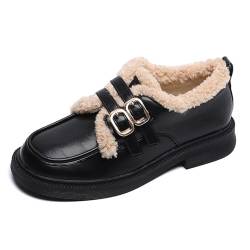 Warme Schnalle Schuhe Damen Große Größe Flache Ferse Runde Zehen Schuhe High Heels Casual Mode Pumps für Winter, Schwarz , 39 EU von woileRQ