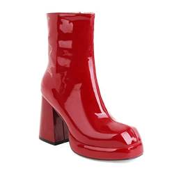 woileRQ Square Toe 9,5 cm Einfache Stiefel Plattform Plattform Solid Color Side Reißver Schluss Frauen -Knöchel Stiefel,Rot,37 EU von woileRQ