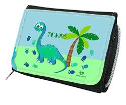 wolga-kreativ Kindergeldbörse Geldbörse Geldbeutel Portemonnaie mit Namen Dino türkis Palme für Jungen Mädchen personalisiert Kinder Geschenk von wolga-kreativ
