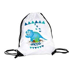 wolga-kreativ Turnbeutel Schuhbeutel Junge Mädchen Blauer Dino Dinosaurier Sportbeutel Schule Kindergarten Sportrucksack Stoffbeutel Stofftasche Schuhtasche Gym Bag Turnsack Kita Kinder mit Namen von wolga-kreativ