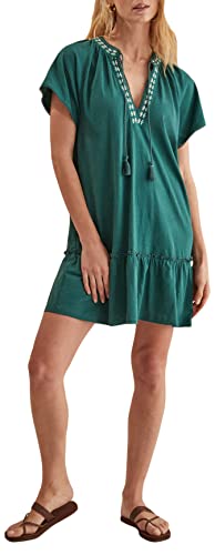 women'secret Damen 100% Baumwolle Grün Rüschen Saum Kleid, Flaschengrün, L von women'secret