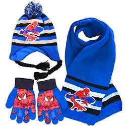 wopin 3 Pcs Spiderman Schal-Set Winterhandschuhe Mützen Schals Anzug,Spiderman Bedruckte Schals Handschuhe Mützen Winter Herbst Frühling Schal Strickmütze Kombiset Strickset für Kinder Jungen Mädchen von wopin