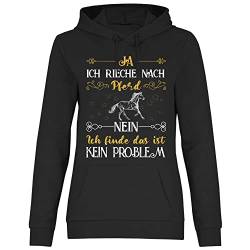 wowshirt Damen Hoodie Ja ich rieche nach Pferd Reiter Reiten Pferdesport Reiterin Geschenk für Pferde-Liebhaber Pferdewirtin, Größe:XL, Farbe:Black von wowshirt