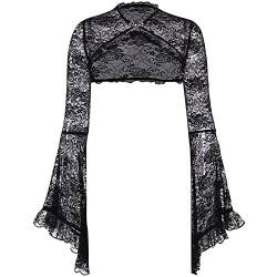 Schwarzes Spitzen-Shrug, Goth Punk Shrug Sheer Bell Sleeve Top Gothic Schal Half Shirt Durchsichtig Sexy Y2k Crop Top für Frauen von xHxttL