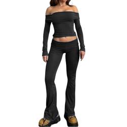 xHxttL 2-teiliges Lounge-Set für Damen, Outfits mit niedrigem Bund, ausgestelltes Legging-Hosen-Set, langärmeliges, enges Crop-Top, Yoga-Trainingsanzug von xHxttL