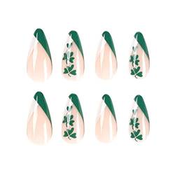 St. Patrick's-Day Kunstnägel zum Aufdrücken, Mandelfarben, mit Designs, Acrylnägel auf Nägeln, künstliche Nägel für Frauen, Mandel, volle Abdeckung, Länge mit 24 Stück von xbiez