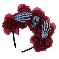 xbiez Halloween-Stirnband, Gothic-Blumenkronen für Damen, Gothic-Totenkopf-Stirnband, Tag der Toten, Stirnband, Skelett-Hand-Stirnband, Gothic-Totenkopf-Stirnband von xbiez