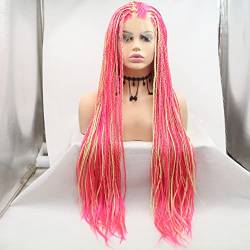 Xiweiya Micro Box Braids Wig Piano color Pink Red Mixed Yellow Braided Wig Glueless Synthetic Lace Front Wig Heat Resistant Fiber for Women Halloween Cosplay Party 28” for Women von xiweiya