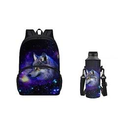 xixirimido 2-in-1 Kinder Schulrucksack Set Wasserflasche Tragetasche für Jungen Mädchen, Galaxy Wolf, Einheitsgröße, Casual von xixirimido