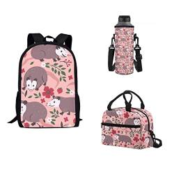 xixirimido Kinder-Schulranzen-Set mit 3 isolierten Lunch-Handtaschen, große Flaschenhülle für Jungen und Mädchen, Opossums Blumen, Einheitsgröße, Lässiger Tagesrucksack von xixirimido