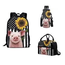 xixirimido Kinder Schulranzen Set mit 3 isolierten Lunch-Handtaschen große Flaschenabdeckung für Jungen Mädchen, Sonnenblumenschwein, Einheitsgröße, Lässiger Tagesrucksack von xixirimido