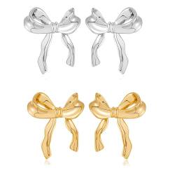 xlwen 2 Paar Bow Earrings, Gold Silber Bogen Ohrstecker Ohrringe, Schleife Ohrstecker Ideal für passende Hemden, Faltenröcke, Kleider, T-Shirts oder Pullover. von xlwen