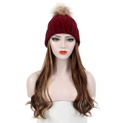 n/a Modische europäische und amerikanische Damen-Haar-Hut-rote gestrickte Hut-Perücke-lange gelockte braune Perücke und Hut von xnvdojt