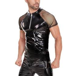 Herren Sexy Leder T-Shirt, Übergröße S-5XL, glänzendes PVC-Leder, transparentes Mesh, glänzender Latex-Kurzarmmantel für Männer, Schwarz, 5X-Groß von xokesy