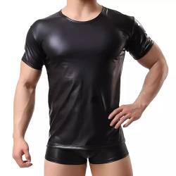 Herren Sexy Leder-T-Shirt, Übergröße S-5XL, glänzendes weiches mattes Leder, kurzärmelige Lederoberteile für Herren, Schwarz, Klein von xokesy