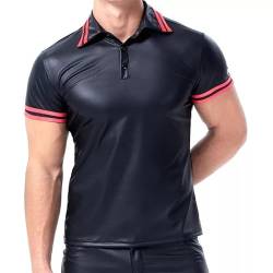 xokesy Herren Sexy Leder-T-Shirt, Übergröße S-5XL, glänzendes weiches mattes Leder, kurzärmeliges Poloshirt für Herren, Schwarz, L von xokesy
