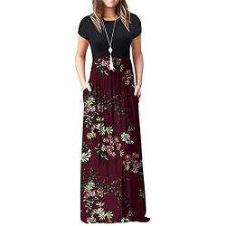 xuntao Damen Kurzarm V-Ausschnitt Maxikleid Casual Boho Sommerkleid mit Taschen Partykleid B-Rot L von xuntao