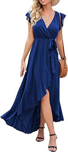 xuntao Damen Sommerkleid Elegant Kurzarm V-Ausschnitt Maxikleid Freizeitkleider mit Gürtel Blau XL von xuntao