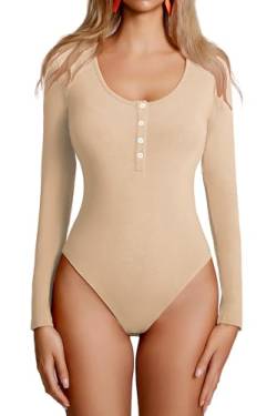 xxxHOLIC Button Up Scoop Neck Langarm Body für Frauen Trendy Basic Casual Body Suit 2023, 01-beige, XS von xxxHOLIC