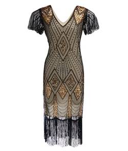 xxxiticat 1920s Vintage Kleid Damen Flapper Kleid Gatsby Pailletten Quasten Saum Cocktail Abschlussballkleid Abendkleid Party Kostüm Kleid(GO,2XL) von xxxiticat
