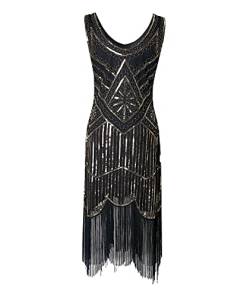 xxxiticat 1920s Vintage Kleid Damen Pailletten verschönert Quasten Falten Flapper Damen Mini Kleid Abendkleid Cocktail Party Kostüm Kleid(GO,M) von xxxiticat