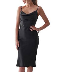 xxxiticat Damen Ärmellos Spaghetti Strap Satin Gabeln Kleid Cocktail Strand Abend Party Cowl Neck Midi Kleider(BL,L) von xxxiticat