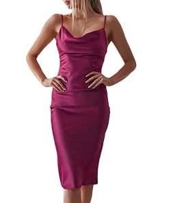 xxxiticat Damen Ärmellos Spaghetti Strap Satin Gabeln Kleid Cocktail Strand Abend Party Cowl Neck Midi Kleider(BU,M) von xxxiticat