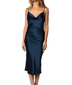 xxxiticat Damen Ärmellos Spaghettiträger Satin Kleid Cocktail Strand Abend Party Wasserfallausschnitt Dot Leopard Midi Kleider, Midi-dunkelblau, Mittel von xxxiticat