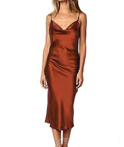 xxxiticat Damen Ärmelloses Satin Kleid Sexy Spaghetti Strap Backless Cocktail Ball Party Midi Kleid(BR,XS) von xxxiticat