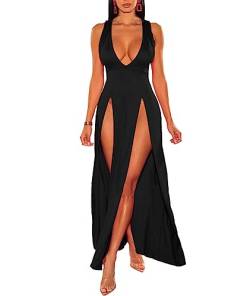 xxxiticat Damen Doppelschlitz Maxi Tank Kleid Ärmellos Tiefer V-Ausschnitt Low Cut High Split Cover Up Langes Bodycon Wickelkleid, Schwarz, Klein von xxxiticat