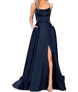 xxxiticat Damen Elegant Lange Ballkleider mit Taschen Satin A-Linie Backless Hochzeitskleid Abendkleider Sexy Neckholder Spaghetti Brautkleid Kleider Lang Prinzessin Brautjungfer Kleid (ZQ-L) von xxxiticat