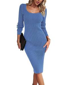 xxxiticat Damen Gerippter Strick Langarm Bodycon Kleid Lässige Vierkantansatz Einfarbige Split Strick Midikleider (BE-L) von xxxiticat